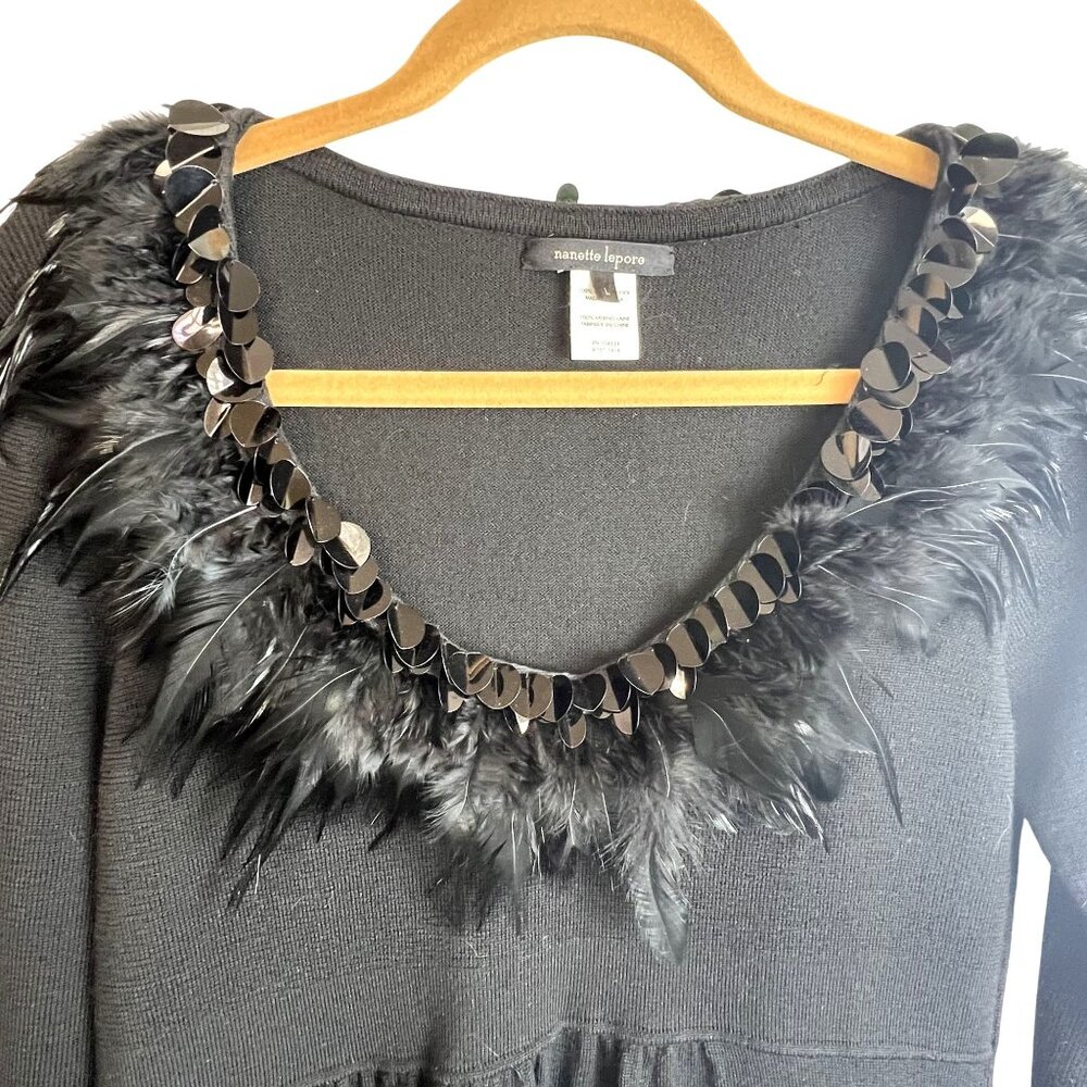 VTG Large Boho Fairy Babydoll Preppy Black Feather Embellished Merino Wool Dress - Picture 6 of 10